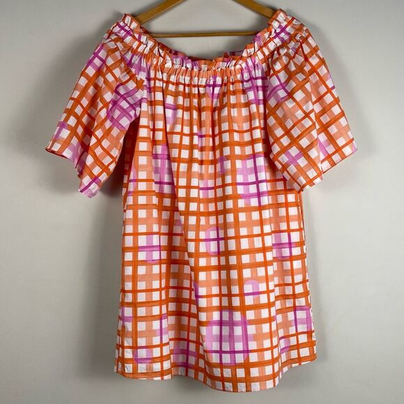Corey Lynn Calter Anthro Mary Off Shoulder Ruffle Dress Plaid Print Sz MP NEW - Picture 2 of 13